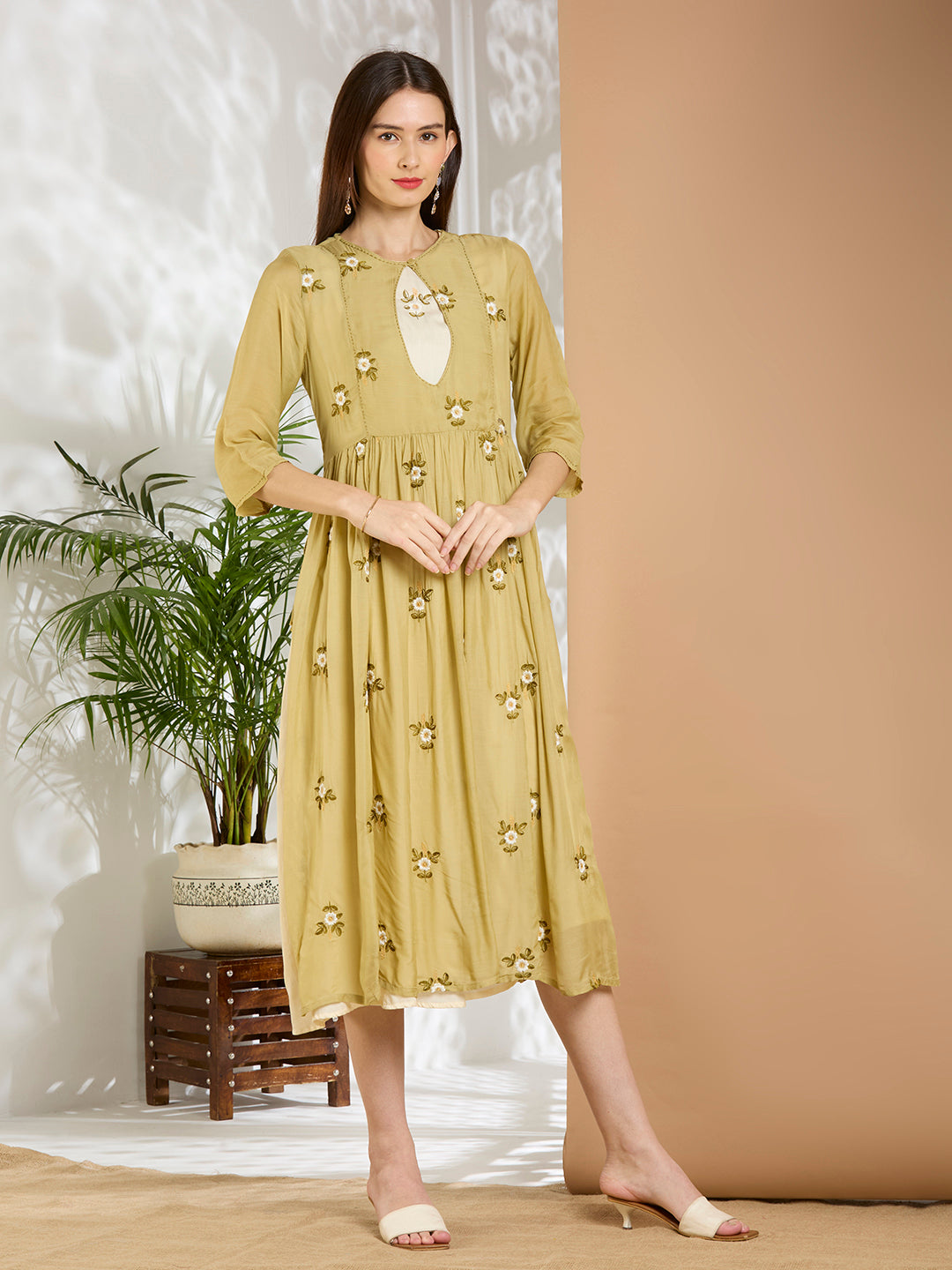 Solid Floral Embroidered A-line Pleated Jacket with Midi Dress - Green