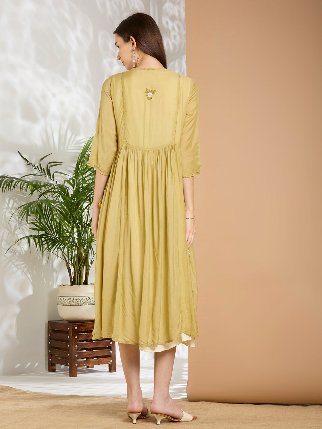 Solid Floral Embroidered A-line Pleated Jacket with Midi Dress - Green