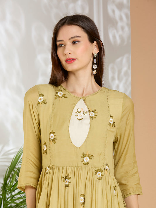 Solid Floral Embroidered A-line Pleated Jacket with Midi Dress - Green