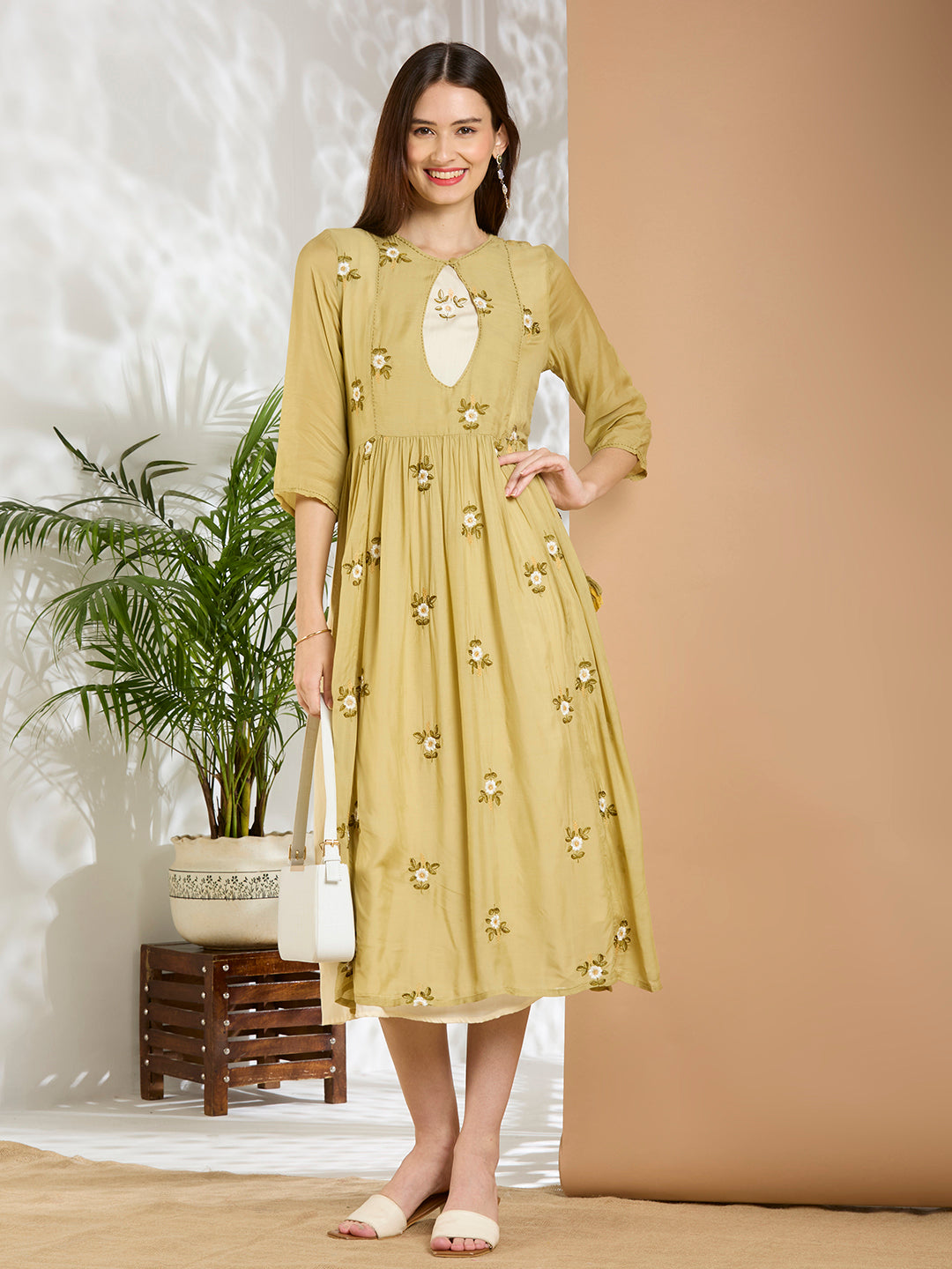 Solid Floral Embroidered A-line Pleated Jacket with Midi Dress - Green