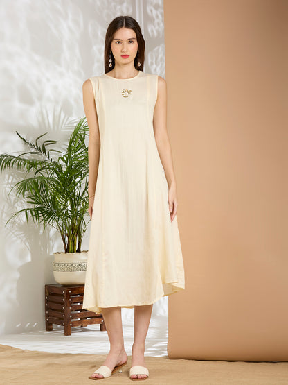 Solid Floral Embroidered A-line Pleated Jacket with Midi Dress - Green