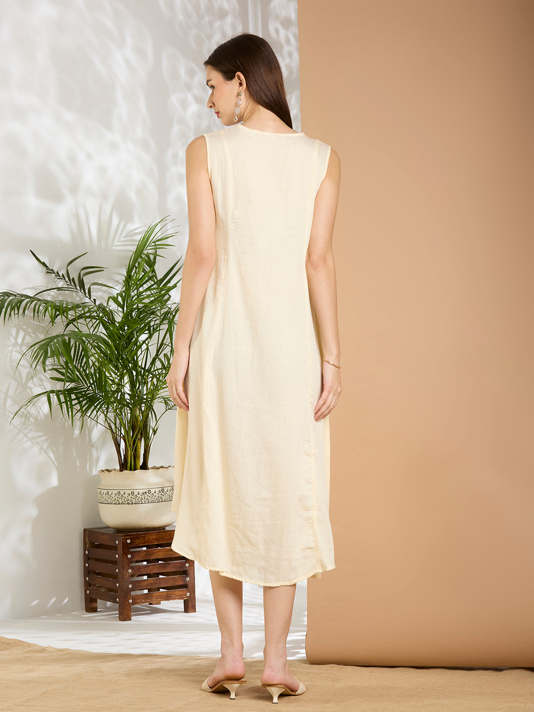 Solid Floral Embroidered A-line Pleated Jacket with Midi Dress - Green