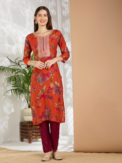 Ethnic Floral Printed & Embroidered Straight Fit Kurta - Red