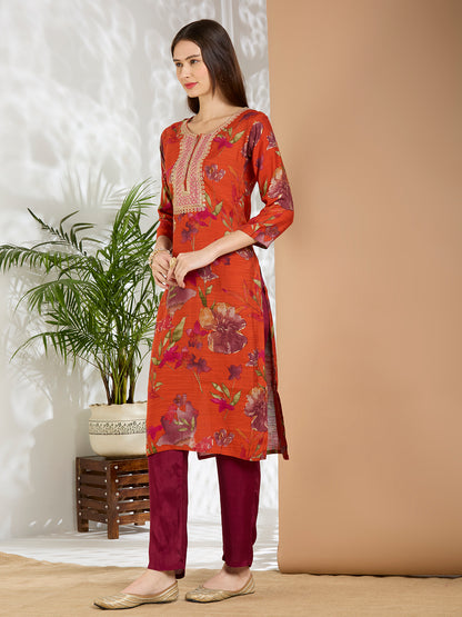 Ethnic Floral Printed & Embroidered Straight Fit Kurta - Red