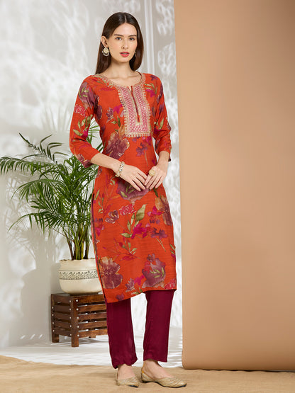 Ethnic Floral Printed & Embroidered Straight Fit Kurta - Red
