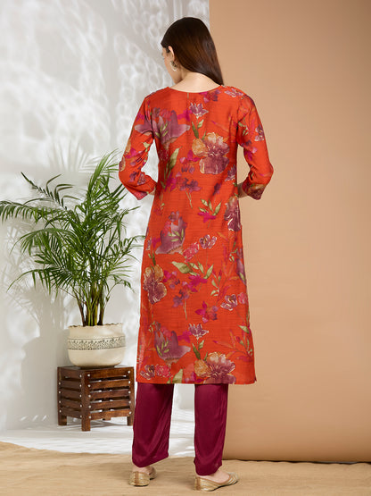 Ethnic Floral Printed & Embroidered Straight Fit Kurta - Red