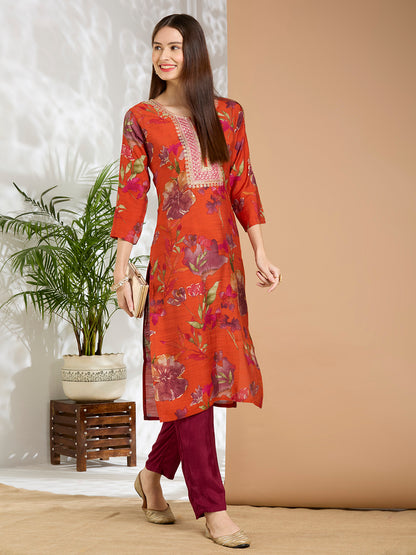 Ethnic Floral Printed & Embroidered Straight Fit Kurta - Red