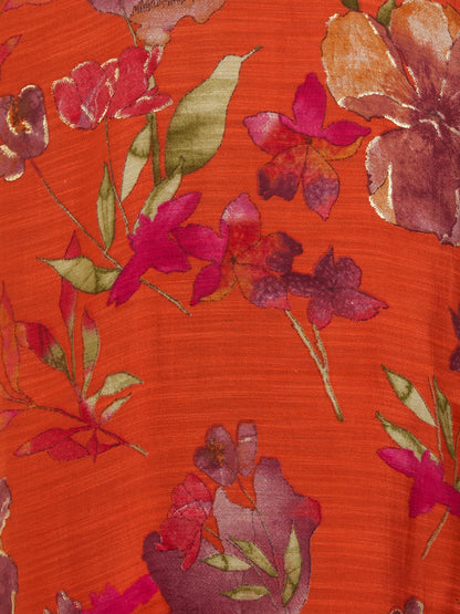 Ethnic Floral Printed & Embroidered Straight Fit Kurta - Red