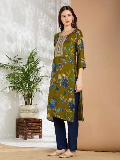 Ethnic Floral Printed & Embroidered Straight Fit Kurta - Green