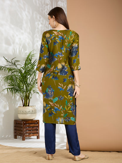 Ethnic Floral Printed & Embroidered Straight Fit Kurta - Green