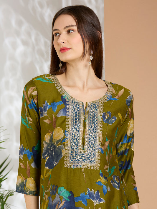 Ethnic Floral Printed & Embroidered Straight Fit Kurta - Green