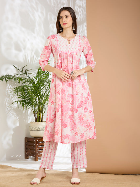 Floral Printed A-Line Cotton Kurta with Pant - Pink