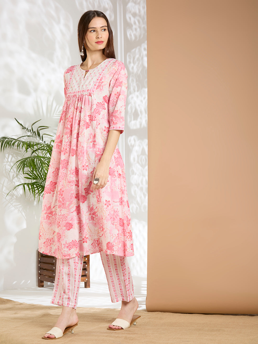 Floral Printed A-Line Cotton Kurta with Pant - Pink