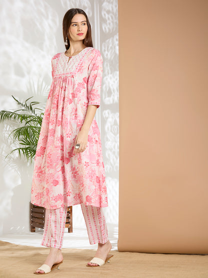 Floral Printed A-Line Cotton Kurta with Pant - Pink