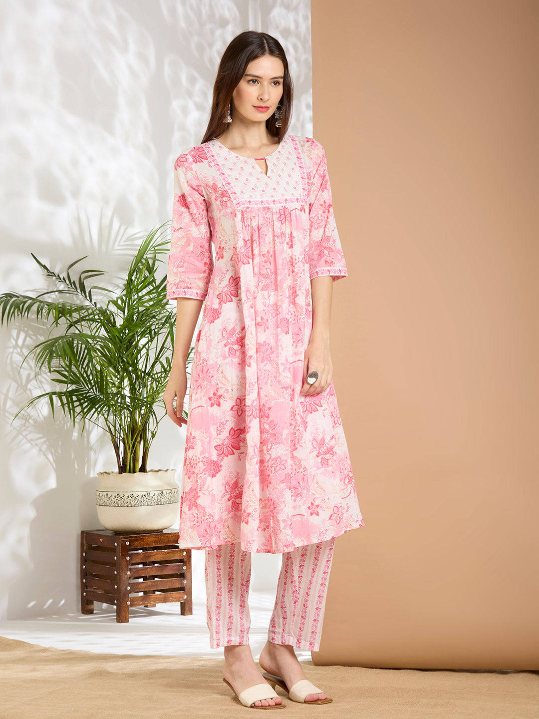Floral Printed A-Line Cotton Kurta with Pant - Pink