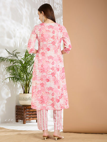 Floral Printed A-Line Cotton Kurta with Pant - Pink