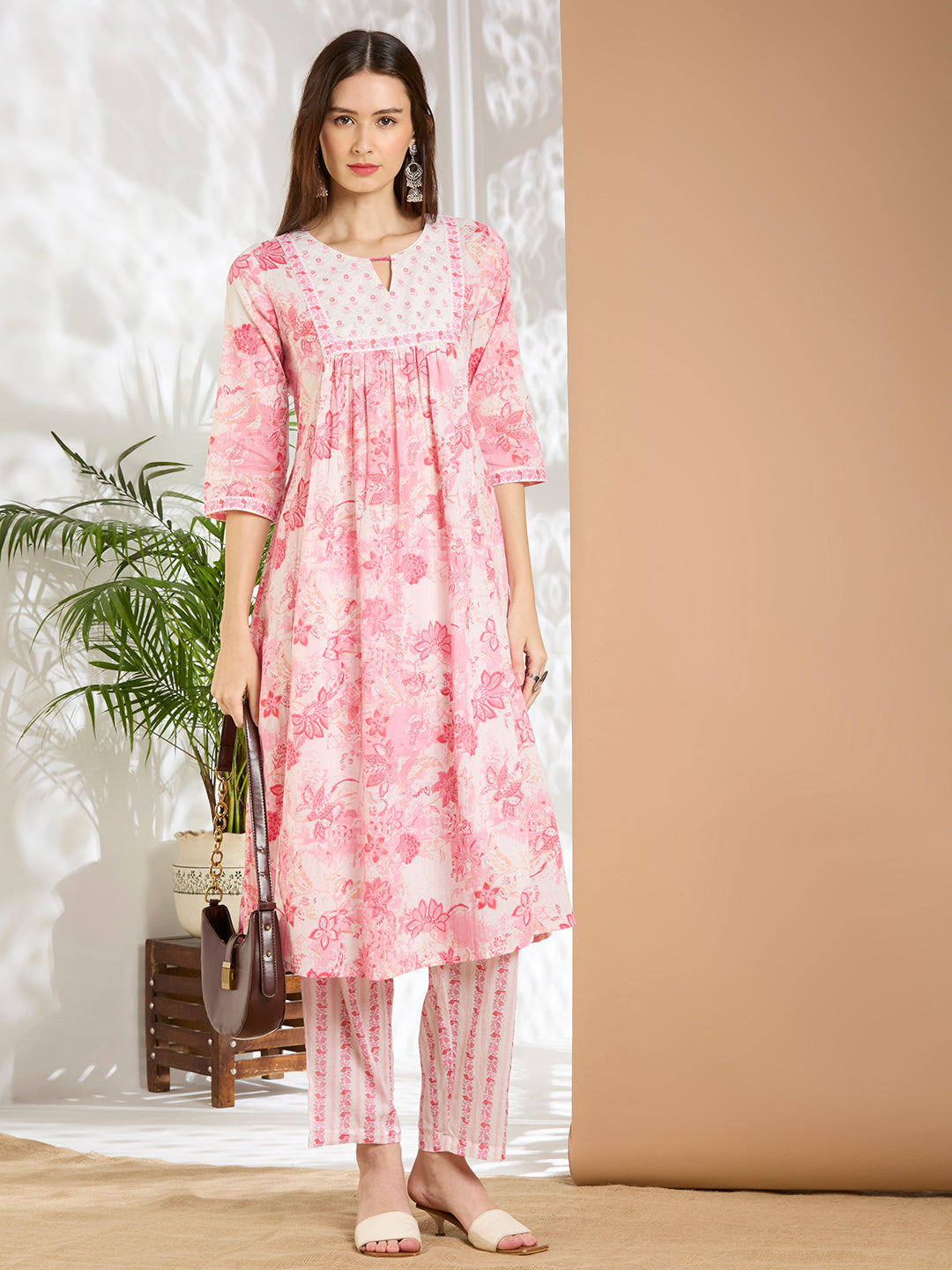 Floral Printed A-Line Cotton Kurta with Pant - Pink
