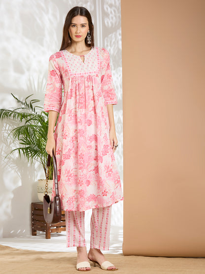 Floral Printed A-Line Cotton Kurta with Pant - Pink
