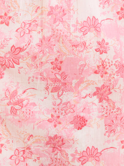 Floral Printed A-Line Cotton Kurta with Pant - Pink