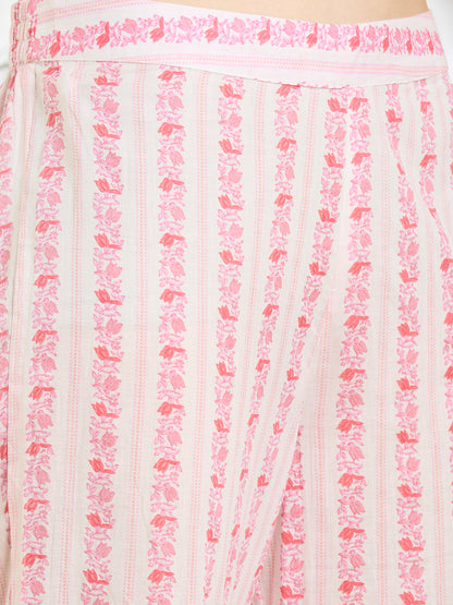 Floral Printed A-Line Cotton Kurta with Pant - Pink