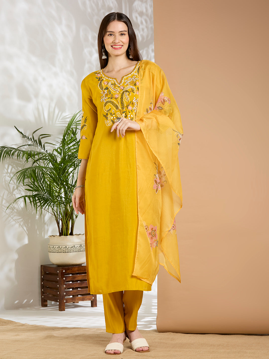 Solid Floral Hand Embroidered Straight Fit Kurta with Pant & Dupatta - Yellow