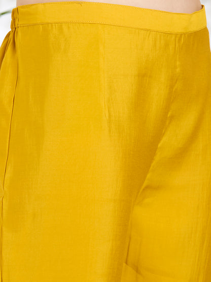 Solid Floral Hand Embroidered Straight Fit Kurta with Pant & Dupatta - Yellow