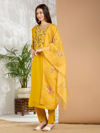 Solid Floral Hand Embroidered Straight Fit Kurta with Pant & Dupatta - Yellow