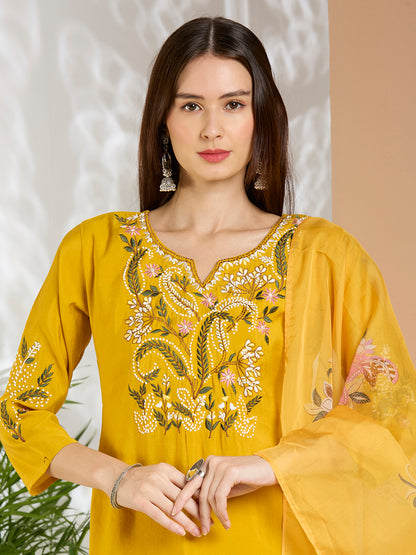 Solid Floral Hand Embroidered Straight Fit Kurta with Pant & Dupatta - Yellow