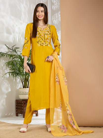 Solid Floral Hand Embroidered Straight Fit Kurta with Pant & Dupatta - Yellow