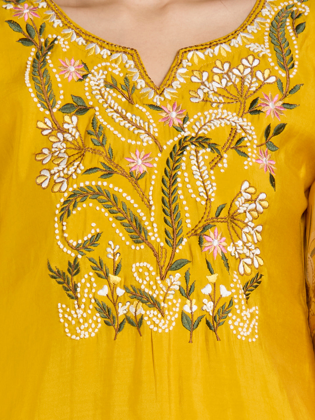 Solid Floral Hand Embroidered Straight Fit Kurta with Pant & Dupatta - Yellow