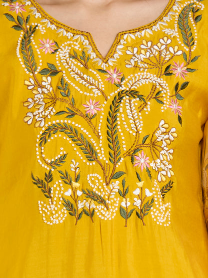 Solid Floral Hand Embroidered Straight Fit Kurta with Pant & Dupatta - Yellow