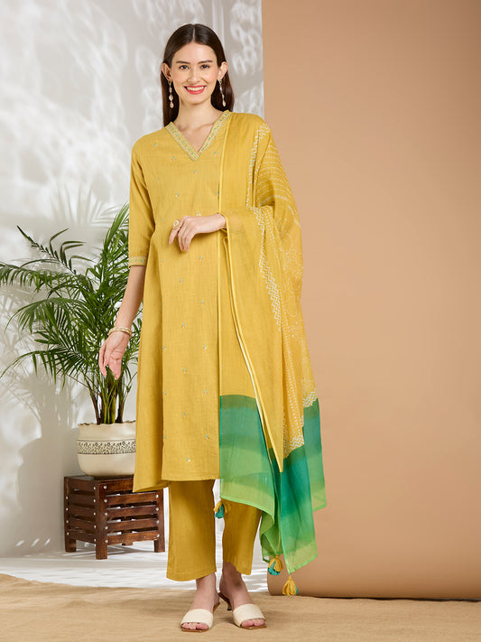 Solid Floral Embroidered A-Line Panelled Kurta with Pant & Printed Dupatta - Yellow