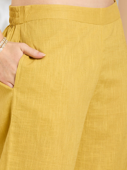 Solid Floral Embroidered A-Line Panelled Kurta with Pant & Printed Dupatta - Yellow
