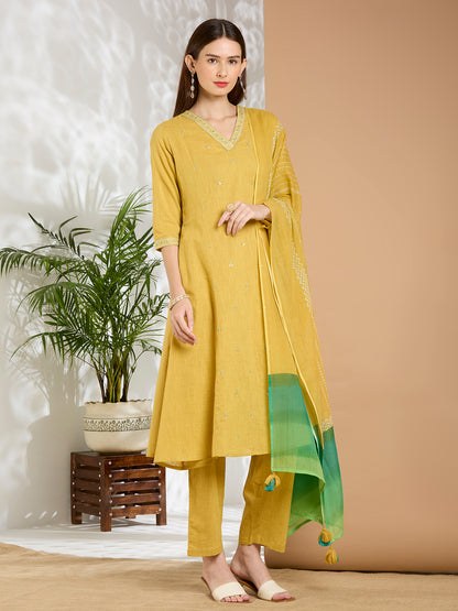 Solid Floral Embroidered A-Line Panelled Kurta with Pant & Printed Dupatta - Yellow