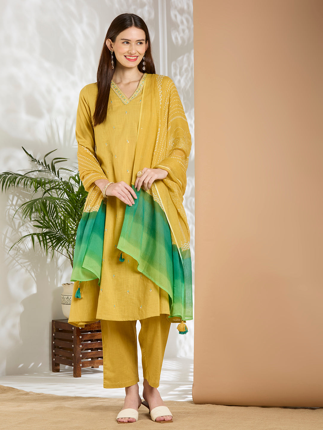 Solid Floral Embroidered A-Line Panelled Kurta with Pant & Printed Dupatta - Yellow