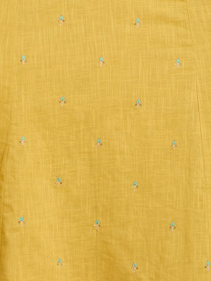 Solid Floral Embroidered A-Line Panelled Kurta with Pant & Printed Dupatta - Yellow
