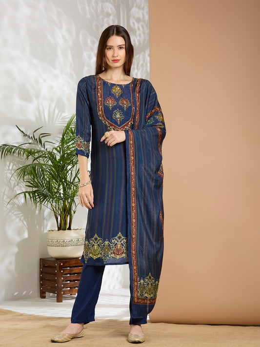 Ethnic Floral Printed & Embroidered Straight Fit Kurta with Pant and Dupatta - Navy Blue