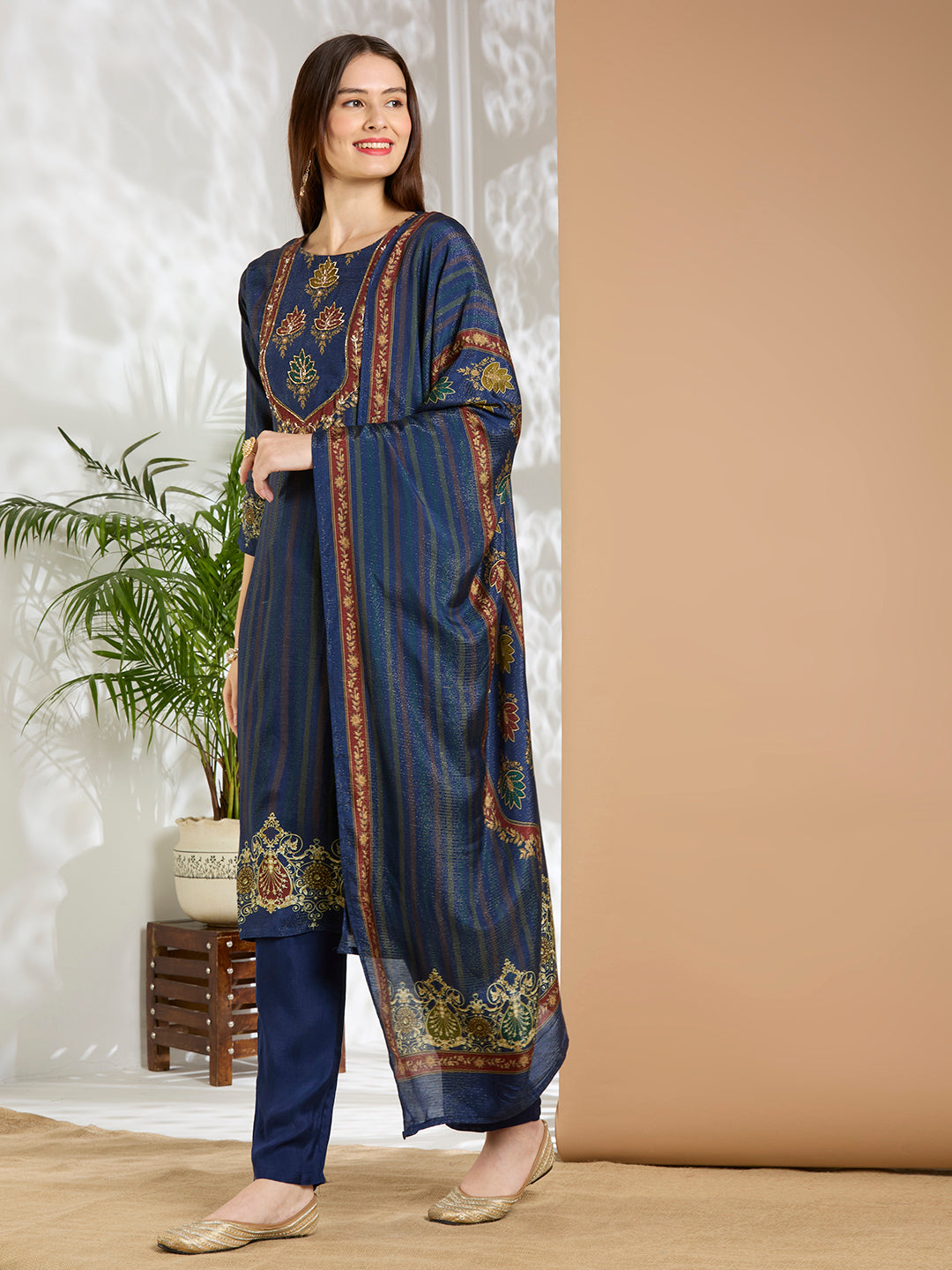 Ethnic Floral Printed & Embroidered Straight Fit Kurta with Pant and Dupatta - Navy Blue