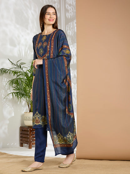 Ethnic Floral Printed & Embroidered Straight Fit Kurta with Pant and Dupatta - Navy Blue