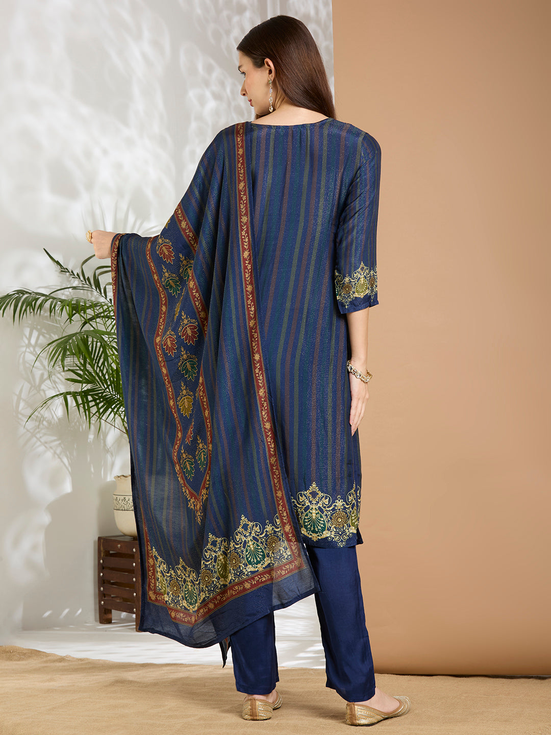 Ethnic Floral Printed & Embroidered Straight Fit Kurta with Pant and Dupatta - Navy Blue
