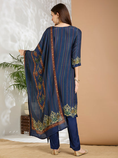 Ethnic Floral Printed & Embroidered Straight Fit Kurta with Pant and Dupatta - Navy Blue