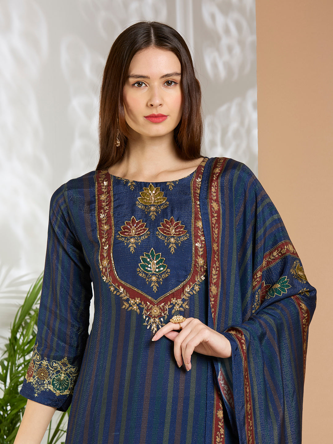 Ethnic Floral Printed & Embroidered Straight Fit Kurta with Pant and Dupatta - Navy Blue