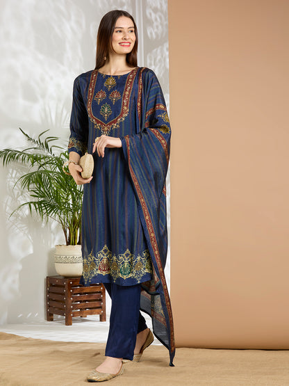 Ethnic Floral Printed & Embroidered Straight Fit Kurta with Pant and Dupatta - Navy Blue