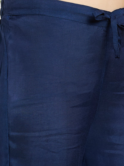 Ethnic Floral Printed & Embroidered Straight Fit Kurta with Pant and Dupatta - Navy Blue