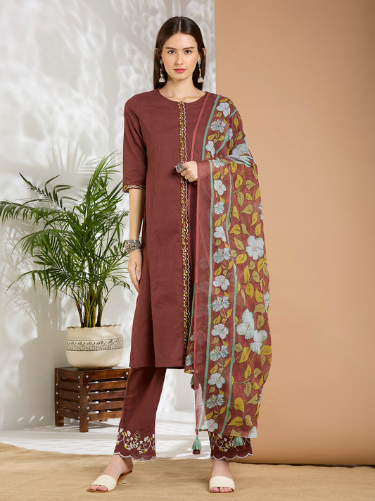 Solid Floral Embroidered A-Line Panelled Kurta with Pant & Printed Dupatta - Brown