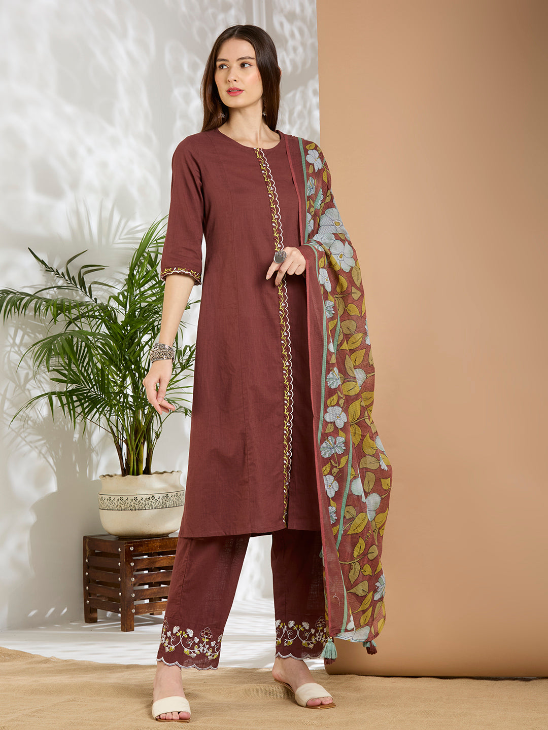 Solid Floral Embroidered A-Line Panelled Kurta with Pant & Printed Dupatta - Brown
