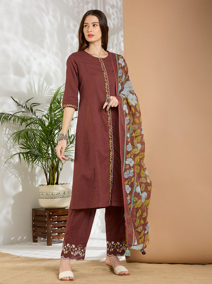 Solid Floral Embroidered A-Line Panelled Kurta with Pant & Printed Dupatta - Brown