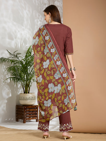 Solid Floral Embroidered A-Line Panelled Kurta with Pant & Printed Dupatta - Brown