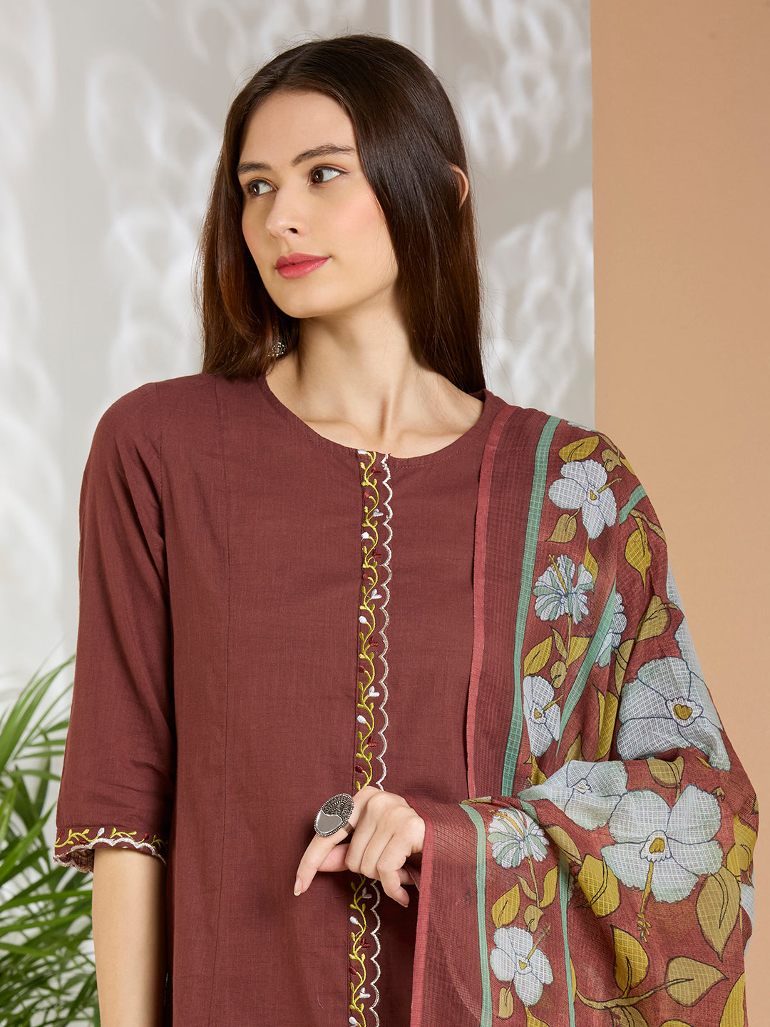 Solid Floral Embroidered A-Line Panelled Kurta with Pant & Printed Dupatta - Brown