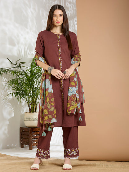 Solid Floral Embroidered A-Line Panelled Kurta with Pant & Printed Dupatta - Brown